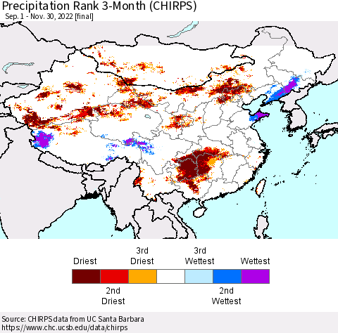 China, Mongolia and Taiwan Precipitation Rank since 1981, 3-Month (CHIRPS) Thematic Map For 9/1/2022 - 11/30/2022