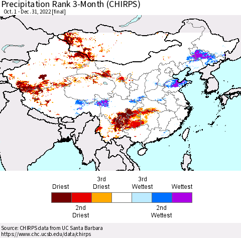 China, Mongolia and Taiwan Precipitation Rank since 1981, 3-Month (CHIRPS) Thematic Map For 10/1/2022 - 12/31/2022
