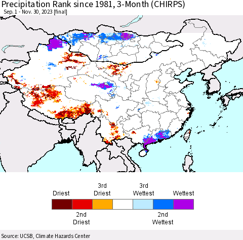 China, Mongolia and Taiwan Precipitation Rank since 1981, 3-Month (CHIRPS) Thematic Map For 9/1/2023 - 11/30/2023
