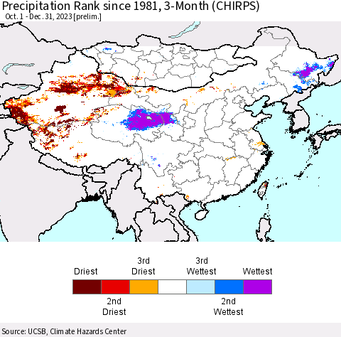China, Mongolia and Taiwan Precipitation Rank since 1981, 3-Month (CHIRPS) Thematic Map For 10/1/2023 - 12/31/2023