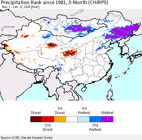 China, Mongolia and Taiwan Precipitation Rank since 1981, 3-Month (CHIRPS) Thematic Map For 11/1/2023 - 1/31/2024