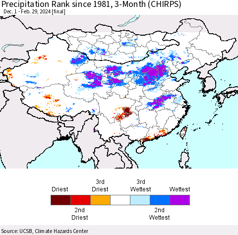 China, Mongolia and Taiwan Precipitation Rank since 1981, 3-Month (CHIRPS) Thematic Map For 12/1/2023 - 2/29/2024