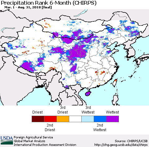 China, Mongolia and Taiwan Precipitation Rank since 1981, 6-Month (CHIRPS) Thematic Map For 3/1/2018 - 8/31/2018