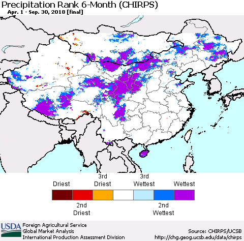 China, Mongolia and Taiwan Precipitation Rank since 1981, 6-Month (CHIRPS) Thematic Map For 4/1/2018 - 9/30/2018