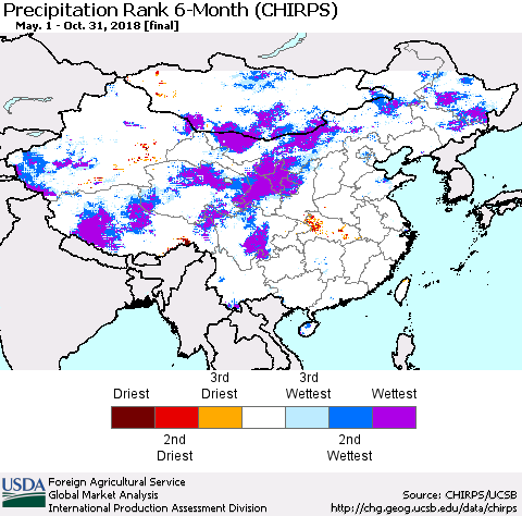 China, Mongolia and Taiwan Precipitation Rank since 1981, 6-Month (CHIRPS) Thematic Map For 5/1/2018 - 10/31/2018