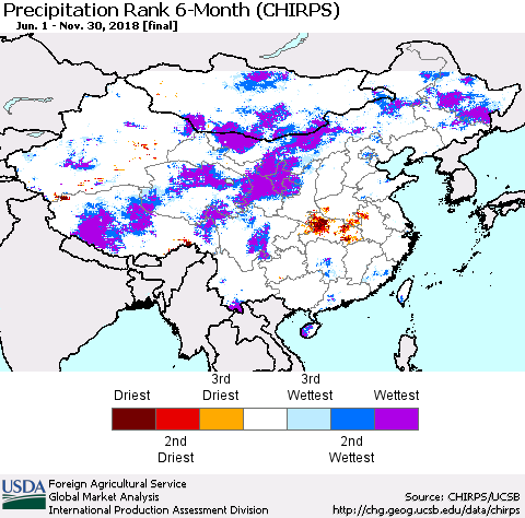China, Mongolia and Taiwan Precipitation Rank since 1981, 6-Month (CHIRPS) Thematic Map For 6/1/2018 - 11/30/2018