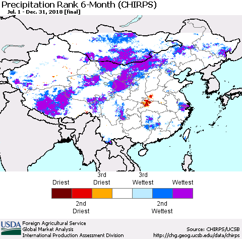China, Mongolia and Taiwan Precipitation Rank since 1981, 6-Month (CHIRPS) Thematic Map For 7/1/2018 - 12/31/2018