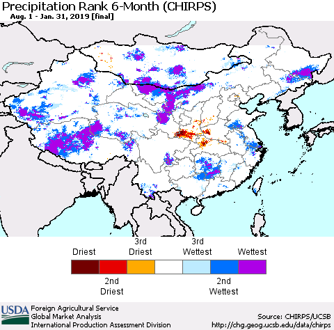 China, Mongolia and Taiwan Precipitation Rank since 1981, 6-Month (CHIRPS) Thematic Map For 8/1/2018 - 1/31/2019