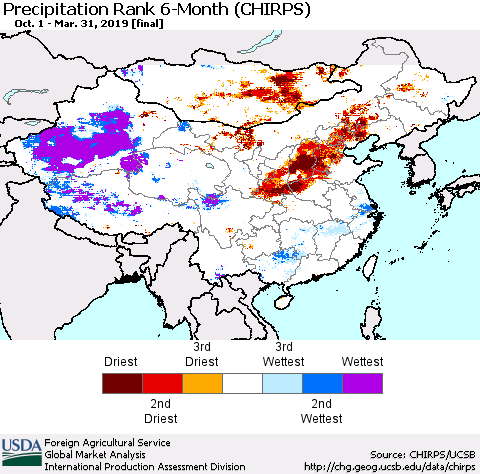 China and Taiwan Precipitation Rank 6-Month (CHIRPS) Thematic Map For 10/1/2018 - 3/31/2019