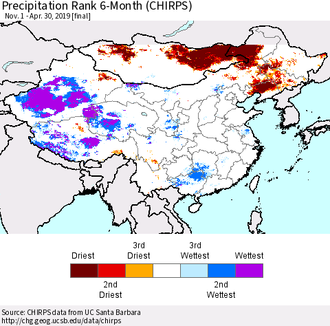 China, Mongolia and Taiwan Precipitation Rank since 1981, 6-Month (CHIRPS) Thematic Map For 11/1/2018 - 4/30/2019