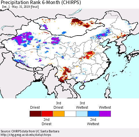 China, Mongolia and Taiwan Precipitation Rank since 1981, 6-Month (CHIRPS) Thematic Map For 12/1/2018 - 5/31/2019