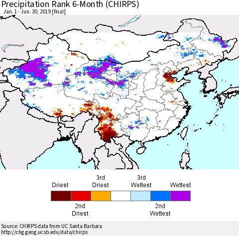China, Mongolia and Taiwan Precipitation Rank since 1981, 6-Month (CHIRPS) Thematic Map For 1/1/2019 - 6/30/2019