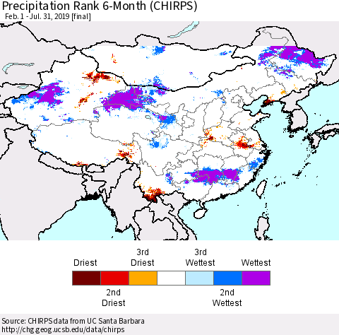 China, Mongolia and Taiwan Precipitation Rank since 1981, 6-Month (CHIRPS) Thematic Map For 2/1/2019 - 7/31/2019