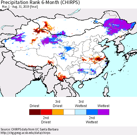 China and Taiwan Precipitation Rank 6-Month (CHIRPS) Thematic Map For 3/1/2019 - 8/31/2019