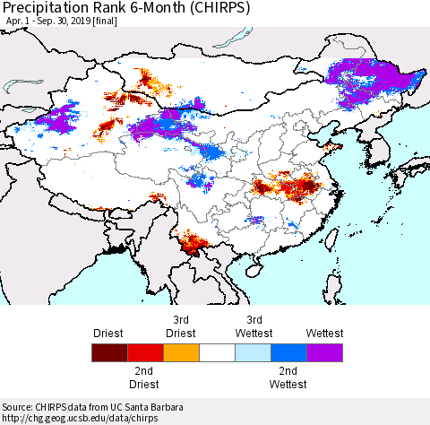 China, Mongolia and Taiwan Precipitation Rank since 1981, 6-Month (CHIRPS) Thematic Map For 4/1/2019 - 9/30/2019