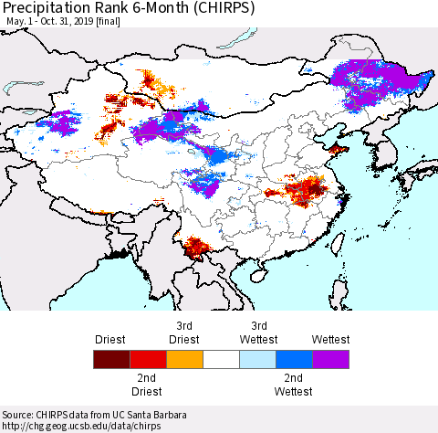 China and Taiwan Precipitation Rank 6-Month (CHIRPS) Thematic Map For 5/1/2019 - 10/31/2019