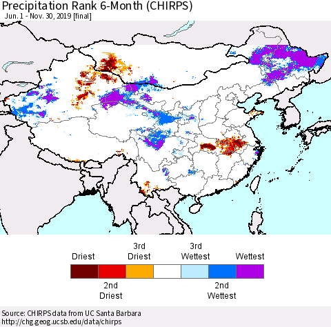 China and Taiwan Precipitation Rank 6-Month (CHIRPS) Thematic Map For 6/1/2019 - 11/30/2019
