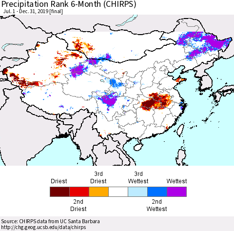 China and Taiwan Precipitation Rank 6-Month (CHIRPS) Thematic Map For 7/1/2019 - 12/31/2019