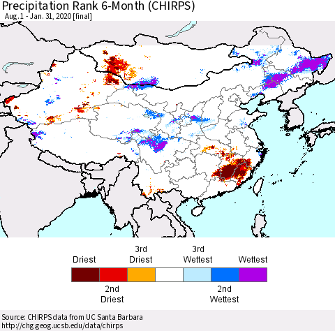 China, Mongolia and Taiwan Precipitation Rank since 1981, 6-Month (CHIRPS) Thematic Map For 8/1/2019 - 1/31/2020