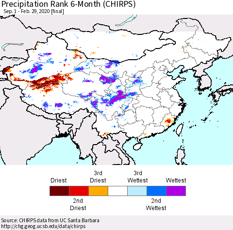China, Mongolia and Taiwan Precipitation Rank since 1981, 6-Month (CHIRPS) Thematic Map For 9/1/2019 - 2/29/2020