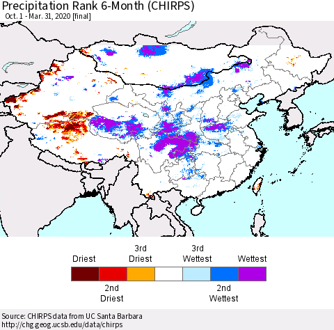 China and Taiwan Precipitation Rank 6-Month (CHIRPS) Thematic Map For 10/1/2019 - 3/31/2020