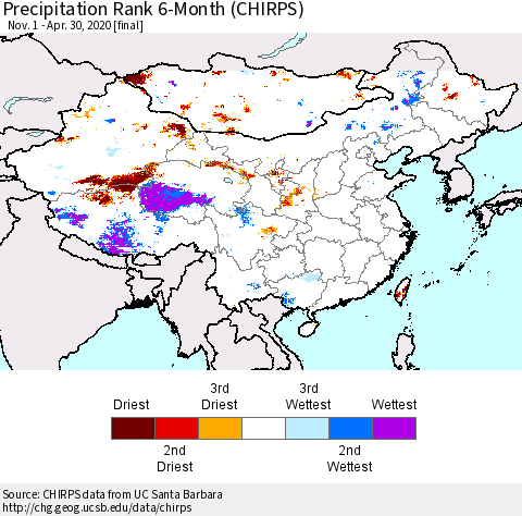 China, Mongolia and Taiwan Precipitation Rank since 1981, 6-Month (CHIRPS) Thematic Map For 11/1/2019 - 4/30/2020