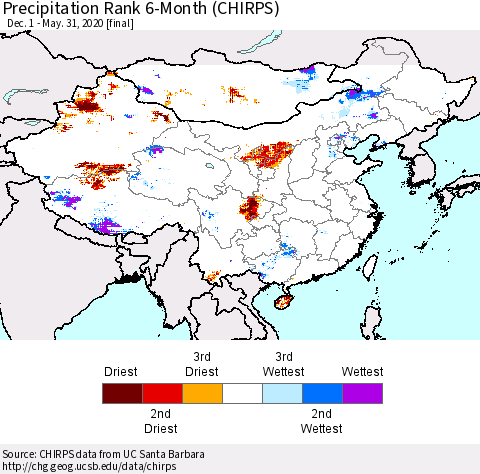 China, Mongolia and Taiwan Precipitation Rank since 1981, 6-Month (CHIRPS) Thematic Map For 12/1/2019 - 5/31/2020