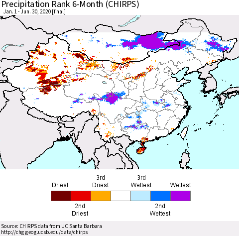 China, Mongolia and Taiwan Precipitation Rank since 1981, 6-Month (CHIRPS) Thematic Map For 1/1/2020 - 6/30/2020