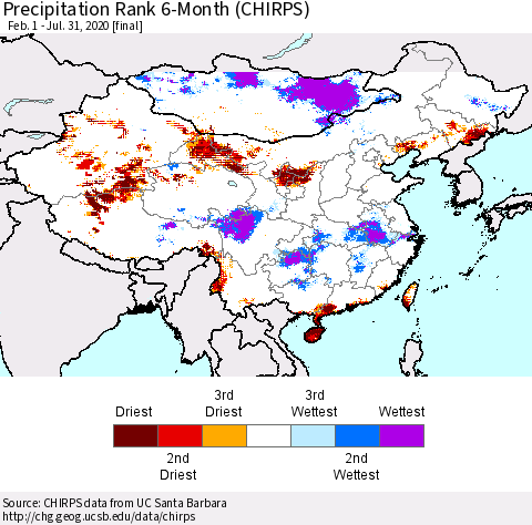 China, Mongolia and Taiwan Precipitation Rank since 1981, 6-Month (CHIRPS) Thematic Map For 2/1/2020 - 7/31/2020