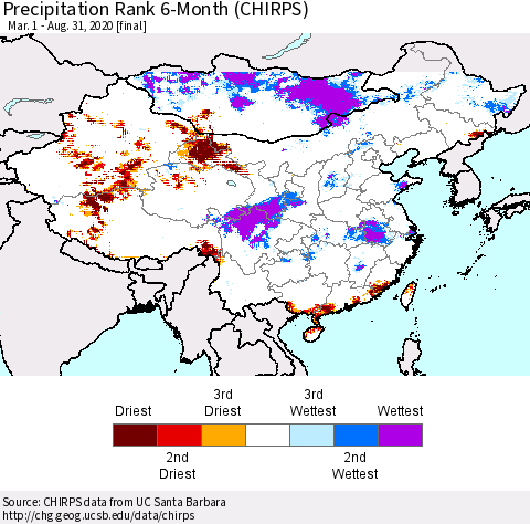 China, Mongolia and Taiwan Precipitation Rank since 1981, 6-Month (CHIRPS) Thematic Map For 3/1/2020 - 8/31/2020