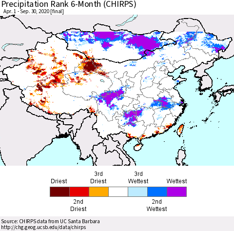 China, Mongolia and Taiwan Precipitation Rank since 1981, 6-Month (CHIRPS) Thematic Map For 4/1/2020 - 9/30/2020