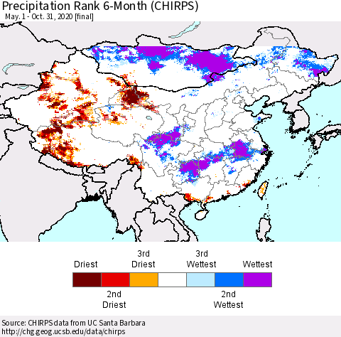 China, Mongolia and Taiwan Precipitation Rank since 1981, 6-Month (CHIRPS) Thematic Map For 5/1/2020 - 10/31/2020