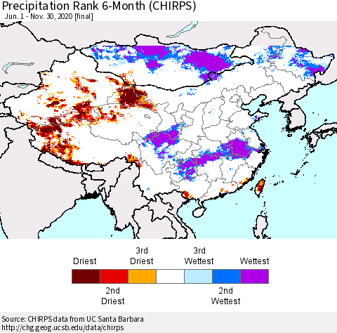 China, Mongolia and Taiwan Precipitation Rank since 1981, 6-Month (CHIRPS) Thematic Map For 6/1/2020 - 11/30/2020