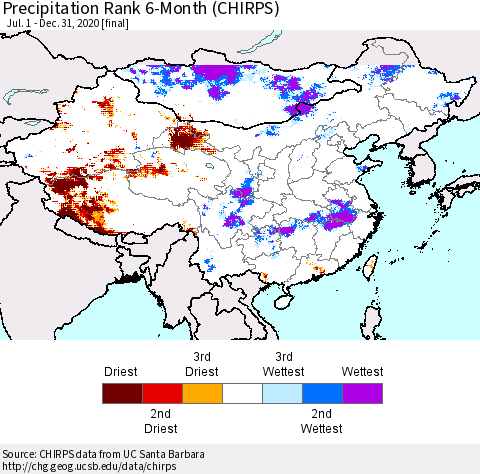 China, Mongolia and Taiwan Precipitation Rank since 1981, 6-Month (CHIRPS) Thematic Map For 7/1/2020 - 12/31/2020