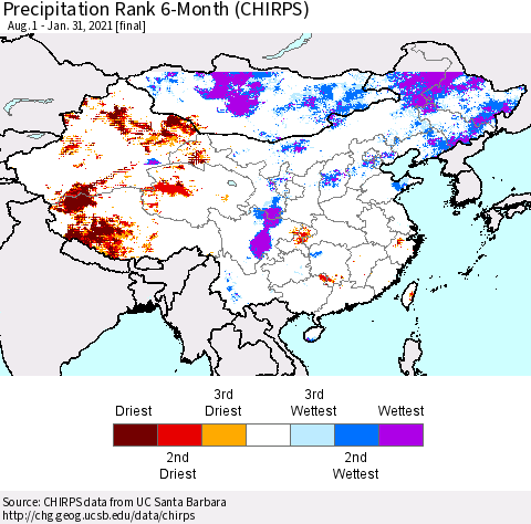 China, Mongolia and Taiwan Precipitation Rank since 1981, 6-Month (CHIRPS) Thematic Map For 8/1/2020 - 1/31/2021