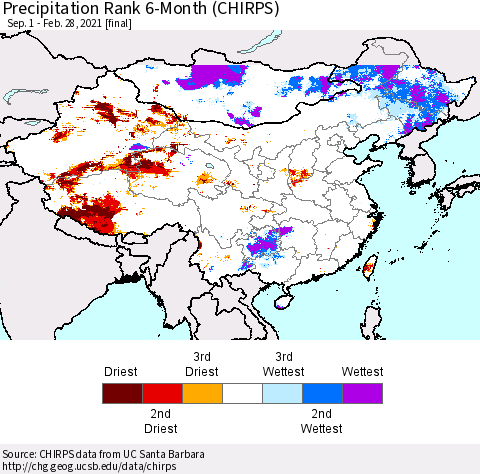 China, Mongolia and Taiwan Precipitation Rank since 1981, 6-Month (CHIRPS) Thematic Map For 9/1/2020 - 2/28/2021