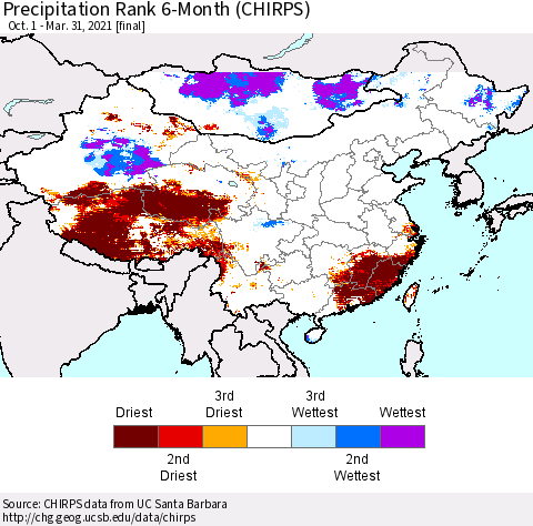 China, Mongolia and Taiwan Precipitation Rank since 1981, 6-Month (CHIRPS) Thematic Map For 10/1/2020 - 3/31/2021