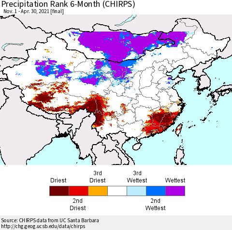 China, Mongolia and Taiwan Precipitation Rank since 1981, 6-Month (CHIRPS) Thematic Map For 11/1/2020 - 4/30/2021