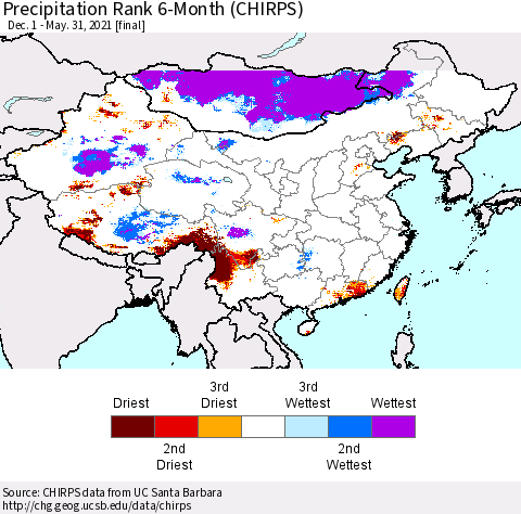 China, Mongolia and Taiwan Precipitation Rank since 1981, 6-Month (CHIRPS) Thematic Map For 12/1/2020 - 5/31/2021