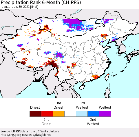 China, Mongolia and Taiwan Precipitation Rank since 1981, 6-Month (CHIRPS) Thematic Map For 1/1/2021 - 6/30/2021