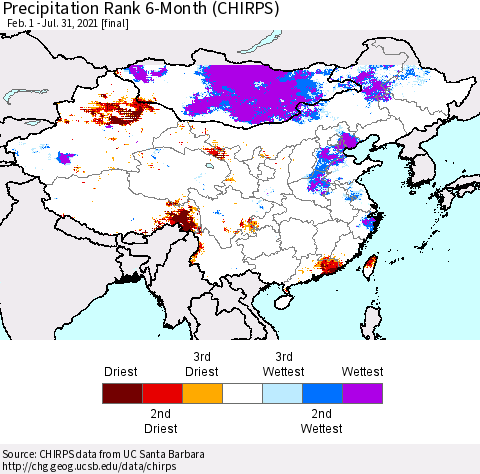 China, Mongolia and Taiwan Precipitation Rank since 1981, 6-Month (CHIRPS) Thematic Map For 2/1/2021 - 7/31/2021