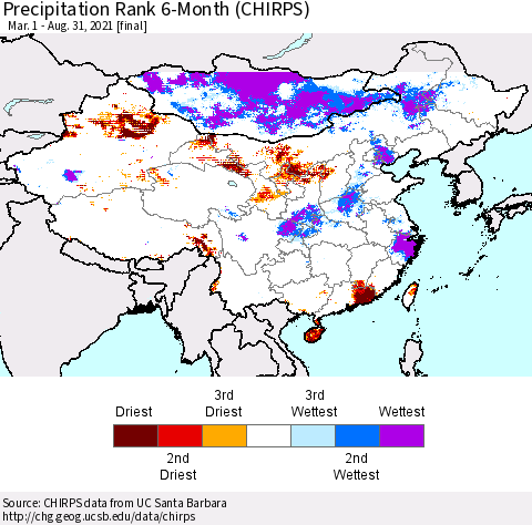 China, Mongolia and Taiwan Precipitation Rank since 1981, 6-Month (CHIRPS) Thematic Map For 3/1/2021 - 8/31/2021