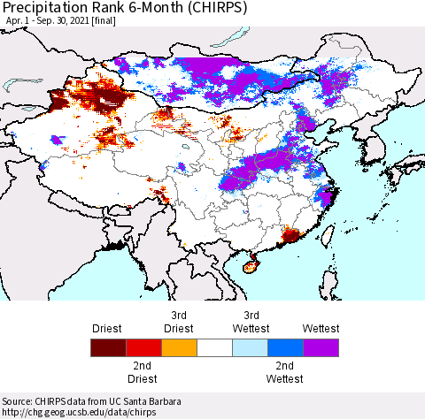 China, Mongolia and Taiwan Precipitation Rank since 1981, 6-Month (CHIRPS) Thematic Map For 4/1/2021 - 9/30/2021