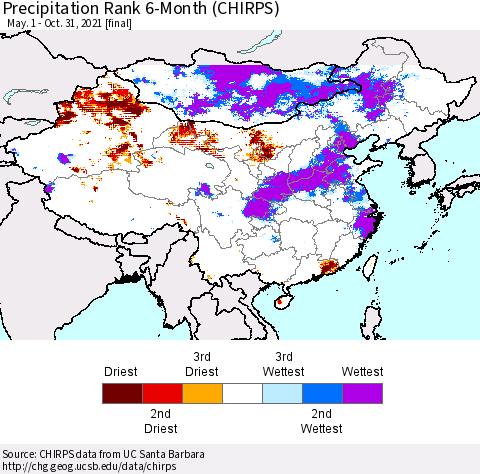China, Mongolia and Taiwan Precipitation Rank since 1981, 6-Month (CHIRPS) Thematic Map For 5/1/2021 - 10/31/2021