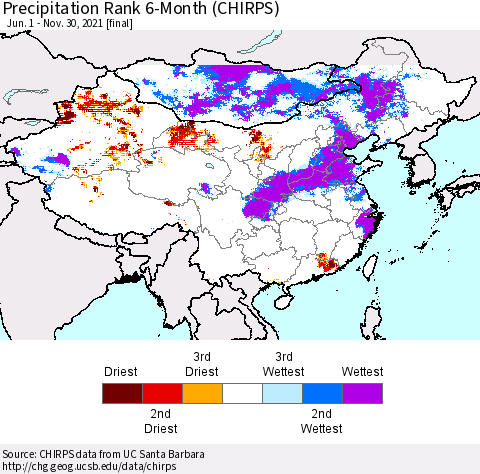 China, Mongolia and Taiwan Precipitation Rank since 1981, 6-Month (CHIRPS) Thematic Map For 6/1/2021 - 11/30/2021