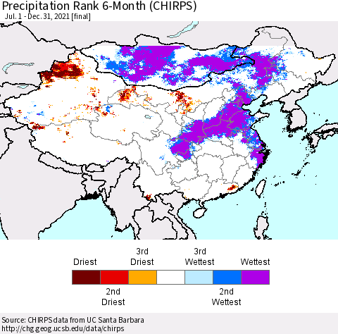 China, Mongolia and Taiwan Precipitation Rank since 1981, 6-Month (CHIRPS) Thematic Map For 7/1/2021 - 12/31/2021