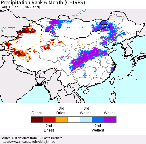 China, Mongolia and Taiwan Precipitation Rank since 1981, 6-Month (CHIRPS) Thematic Map For 8/1/2021 - 1/31/2022