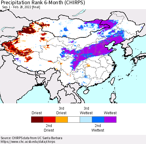 China, Mongolia and Taiwan Precipitation Rank since 1981, 6-Month (CHIRPS) Thematic Map For 9/1/2021 - 2/28/2022