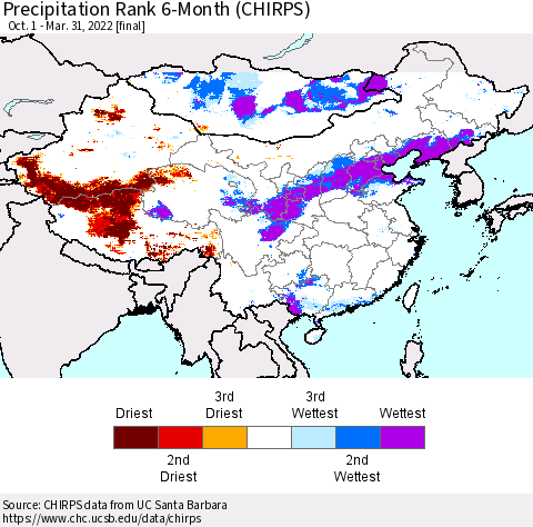 China, Mongolia and Taiwan Precipitation Rank since 1981, 6-Month (CHIRPS) Thematic Map For 10/1/2021 - 3/31/2022