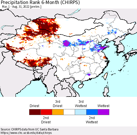 China, Mongolia and Taiwan Precipitation Rank since 1981, 6-Month (CHIRPS) Thematic Map For 3/1/2022 - 8/31/2022